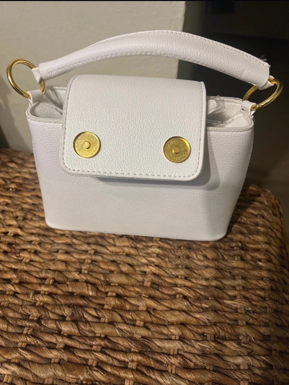 White Leather Top-Handle Women's Bag with Gold Hardware